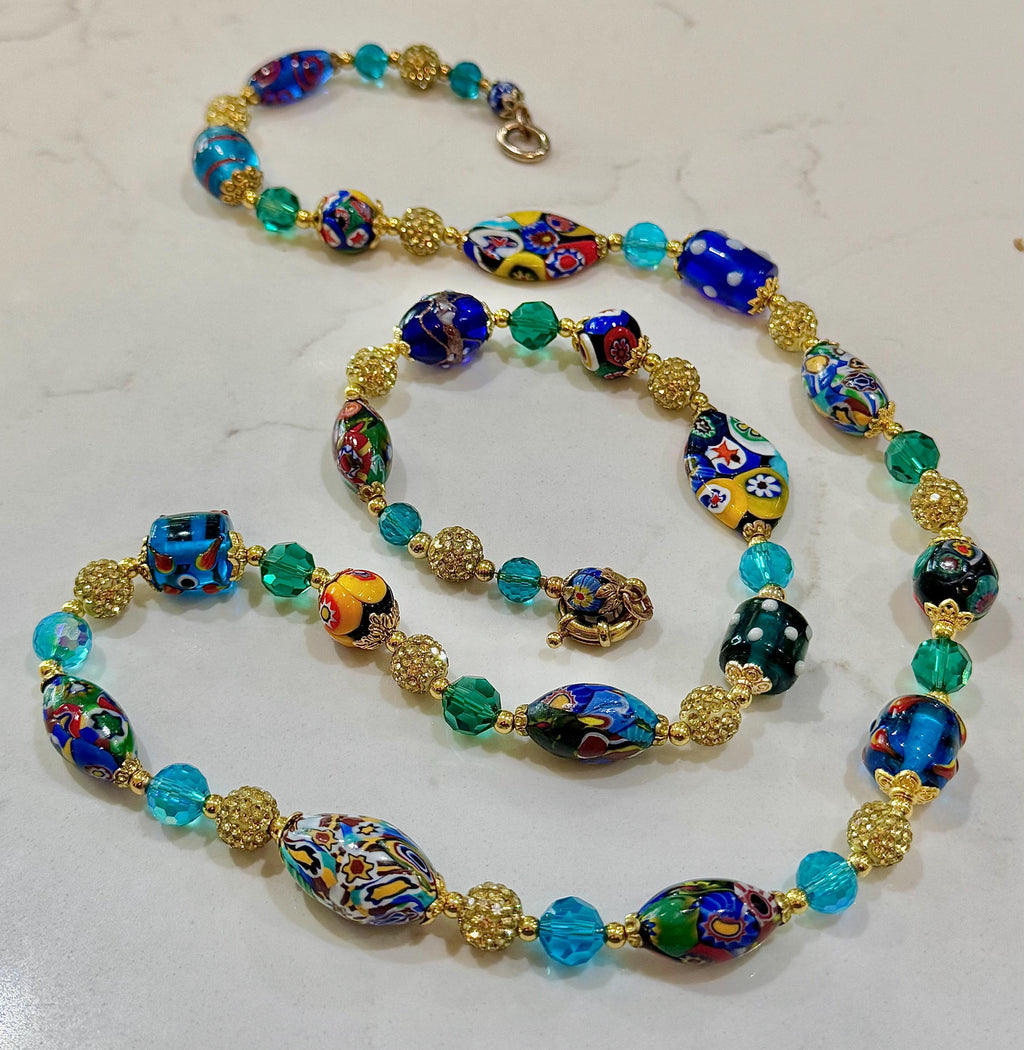 Rosario Leonardi Aqua & Gold, Vintage Murano Millefiori 34” Necklace