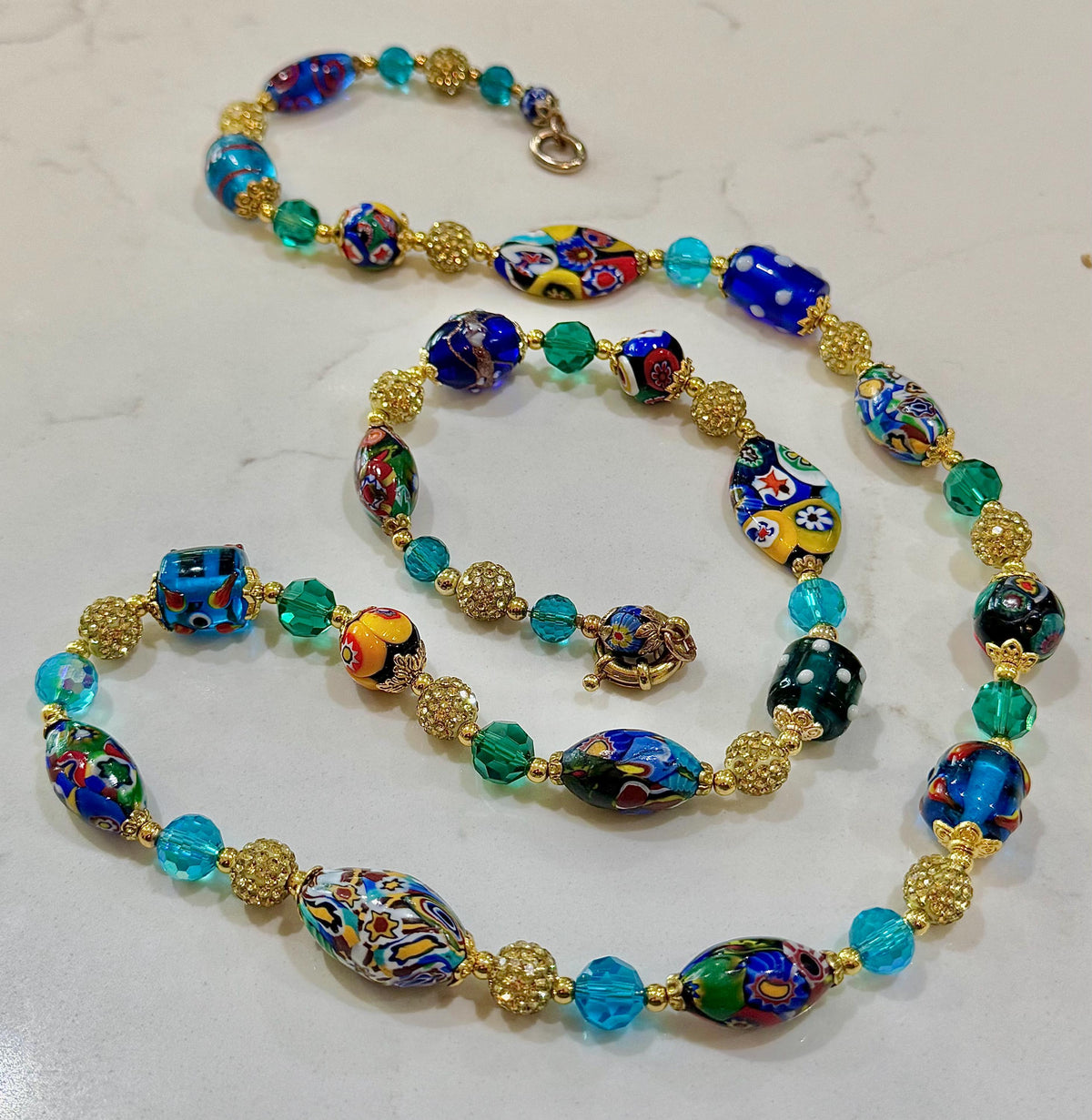 Rosario Leonardi Aqua & Gold, Vintage Murano Millefiori 34” Necklace