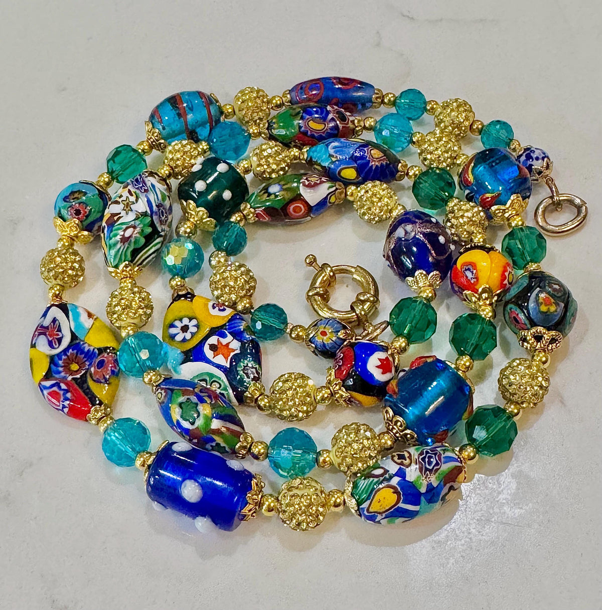 Rosario Leonardi Aqua & Gold, Vintage Murano Millefiori 34” Necklace