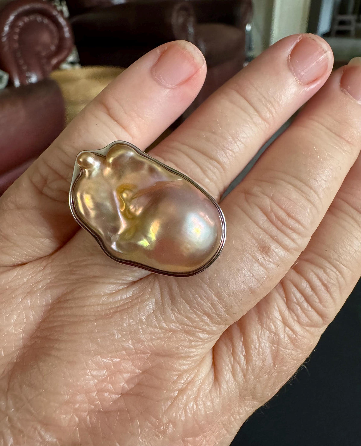 Heavy, Solid, Chunky Sterling Silver GIANT Peach Iridescent Flameball Pearl Statement Ring