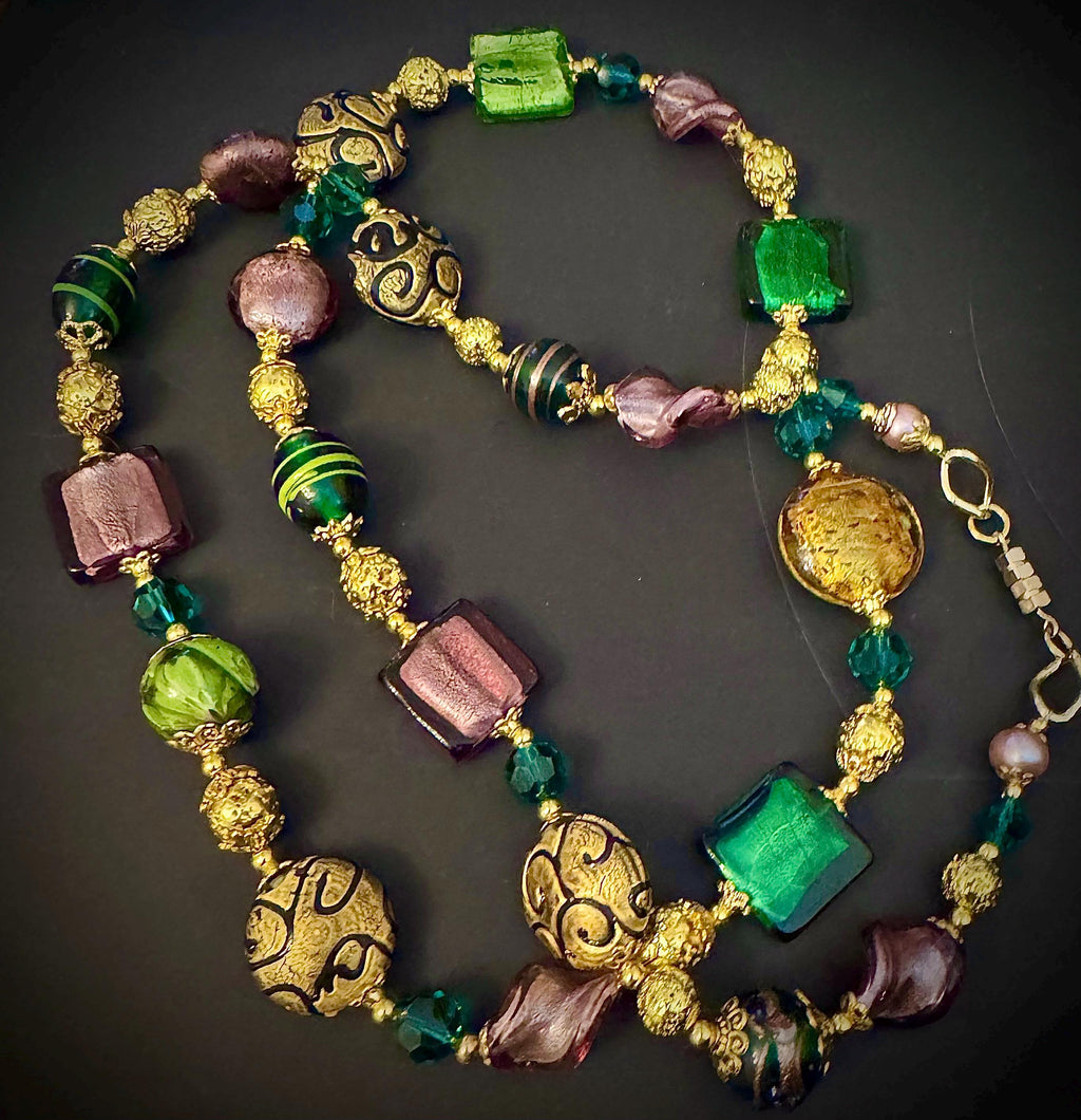 Rosario Leonardi Millefiori Murano Glass Necklace in Purple, Green & Gold
