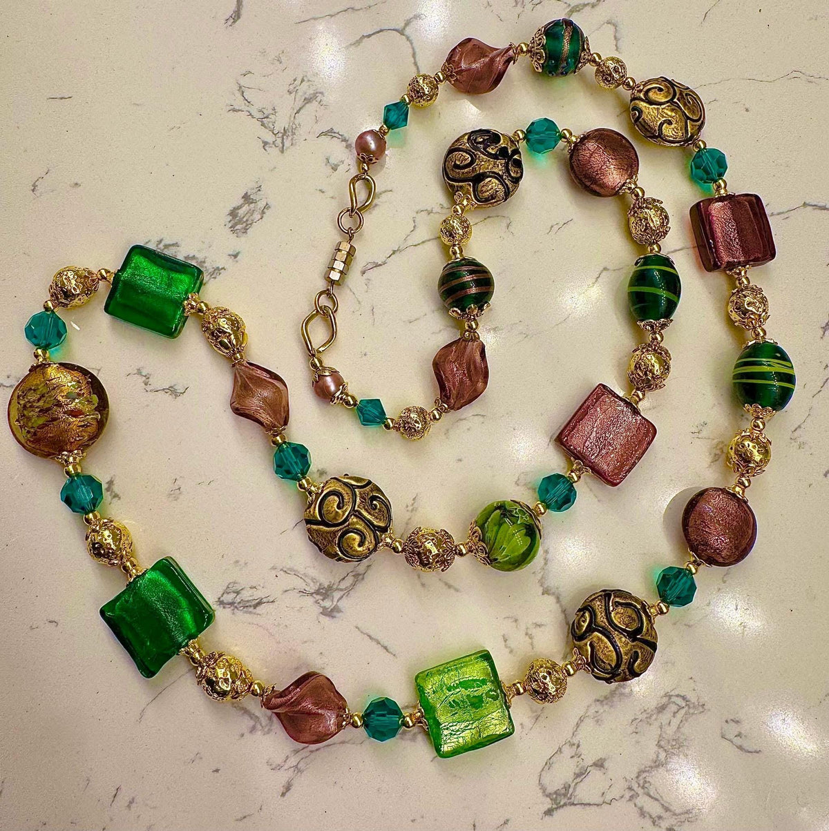 Rosario Leonardi Millefiori Murano Glass Necklace in Purple, Green & Gold