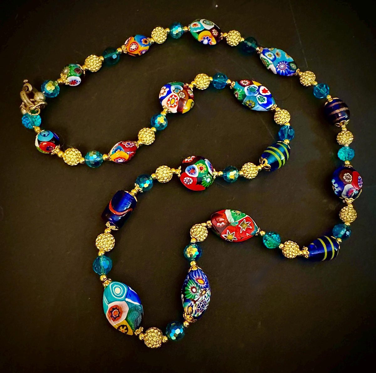 Vintage Murano Millefiori Glass Necklace, Aqua Crystals, Art Deco Style