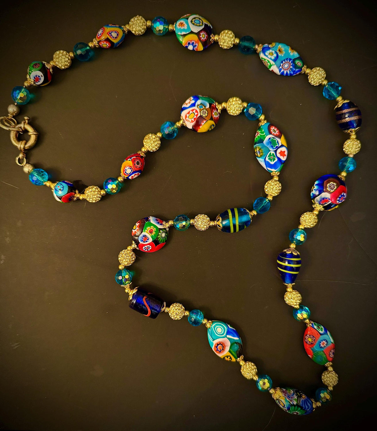 Vintage Murano Millefiori Glass Necklace, Aqua Crystals, Art Deco Style