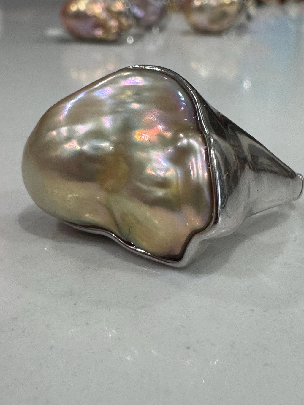Chunky Sterling Silver GIANT Champagne Iridescent Flameball Pearl Statement Ring