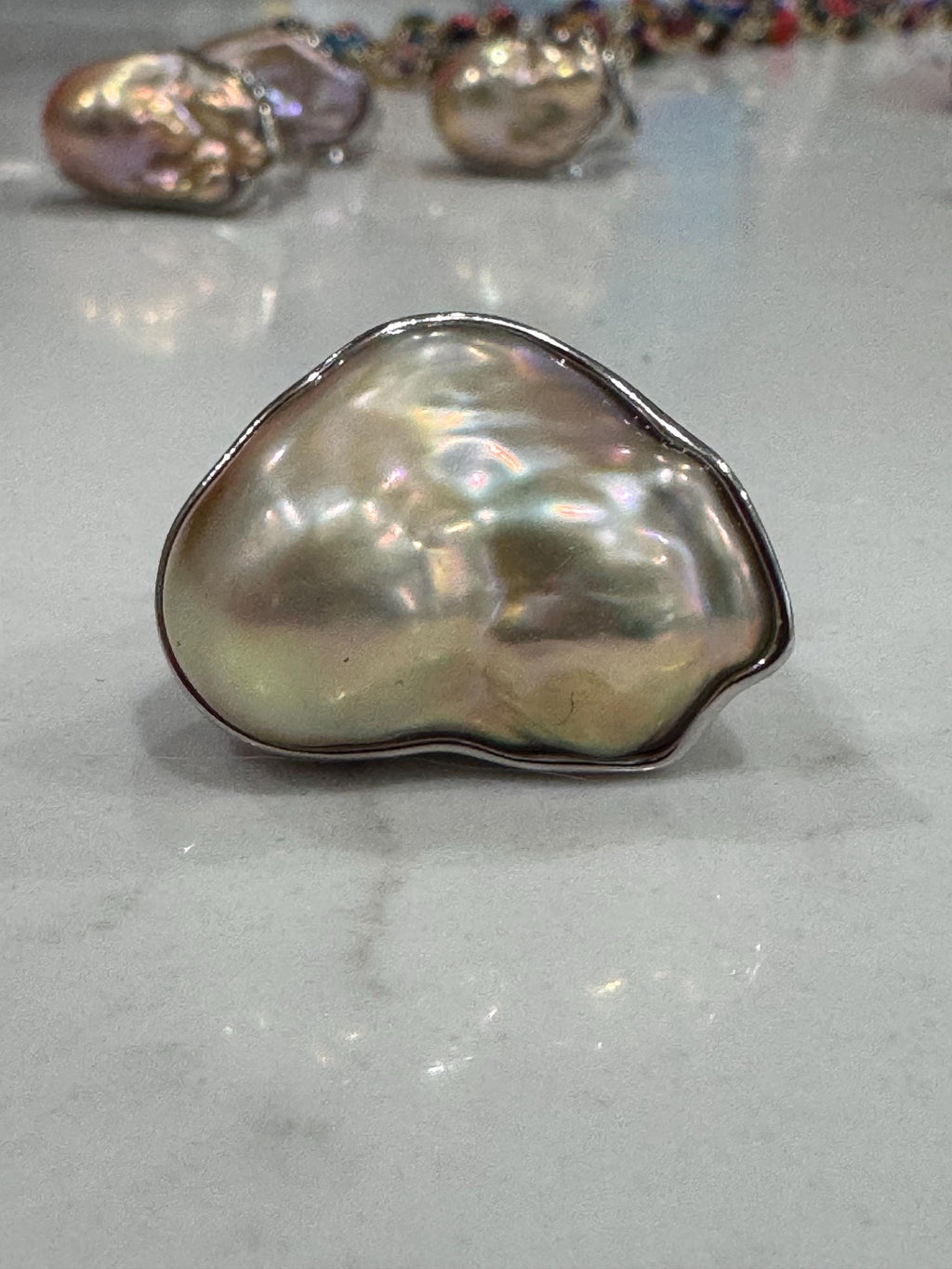 Chunky Sterling Silver GIANT Champagne Iridescent Flameball Pearl Statement Ring