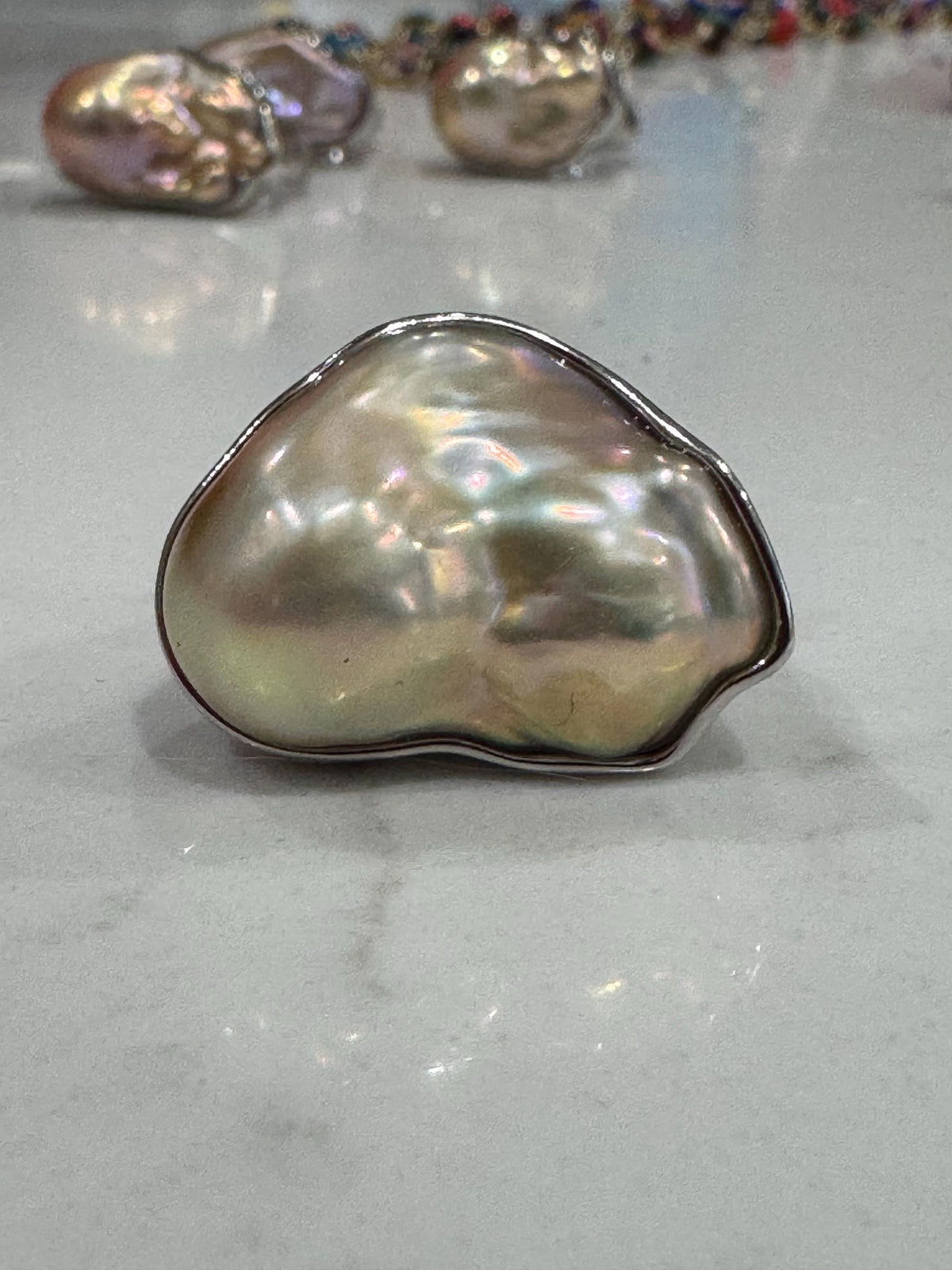 Chunky Sterling Silver GIANT Champagne Iridescent Flameball Pearl Statement Ring