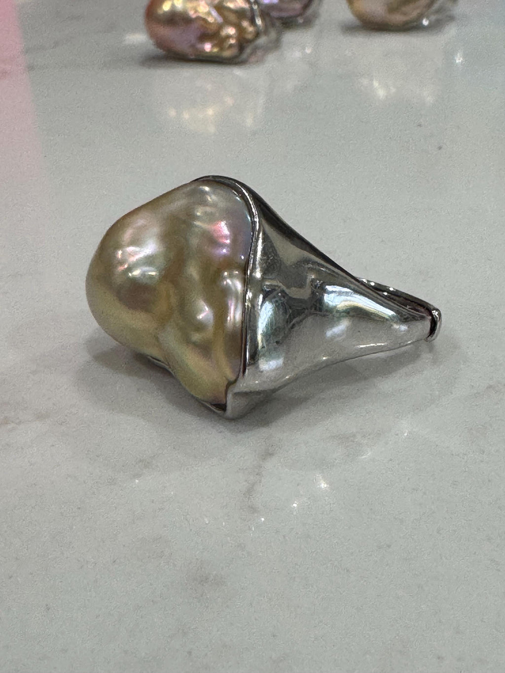 Chunky Sterling Silver GIANT Champagne Iridescent Flameball Pearl Statement Ring