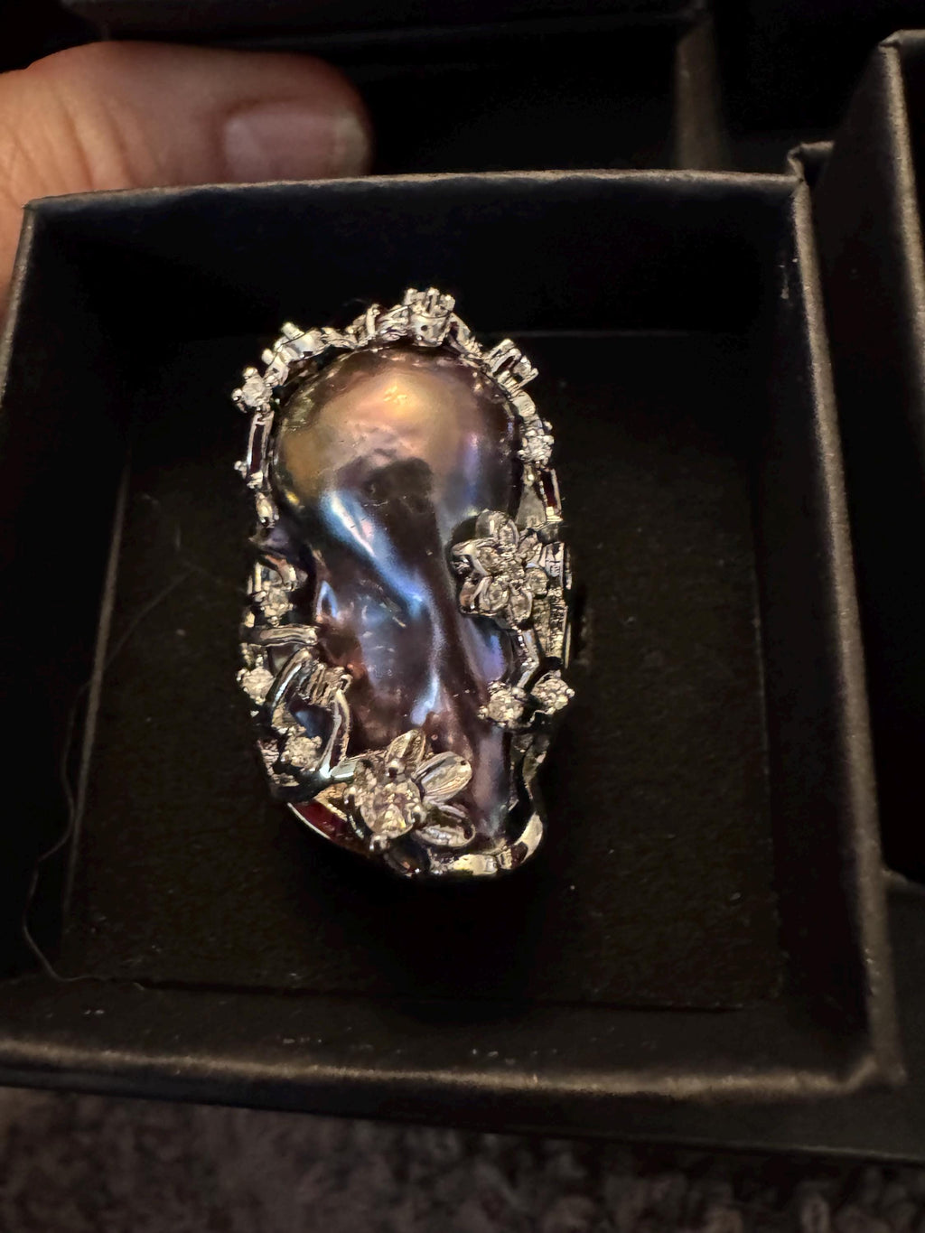 Giant Black Baroque Pearl Ring: Iridescent 14k White Gold Plated Alloy, Adjustable