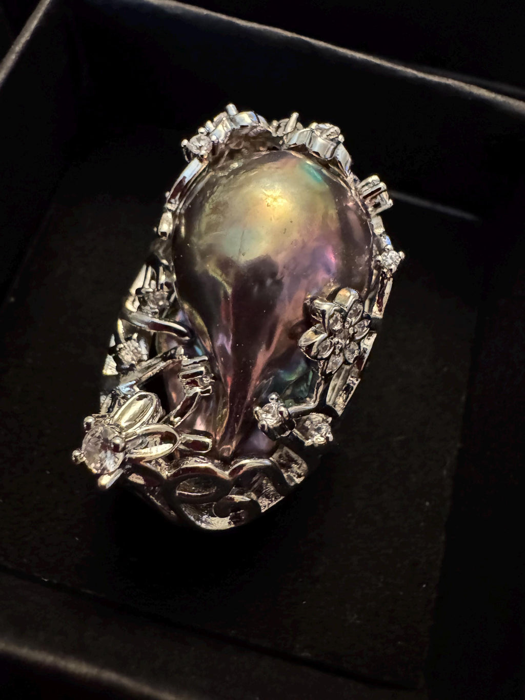 Giant Black Baroque Pearl Ring: Iridescent 14k White Gold Plated Alloy, Adjustable