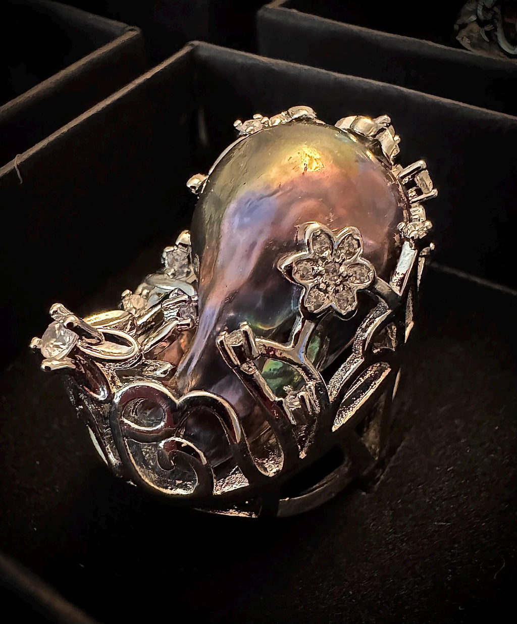Giant Black Baroque Pearl Ring: Iridescent 14k White Gold Plated Alloy, Adjustable