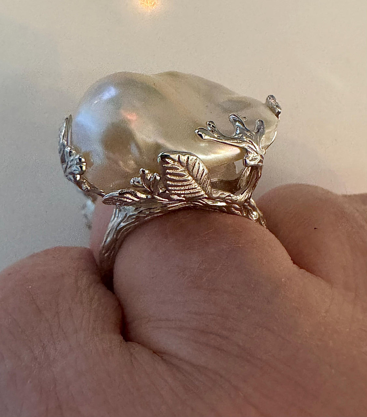 Chunky SOLID Engraved Sterling Silver GIANT White Iridescent Flameball Pearl Ring