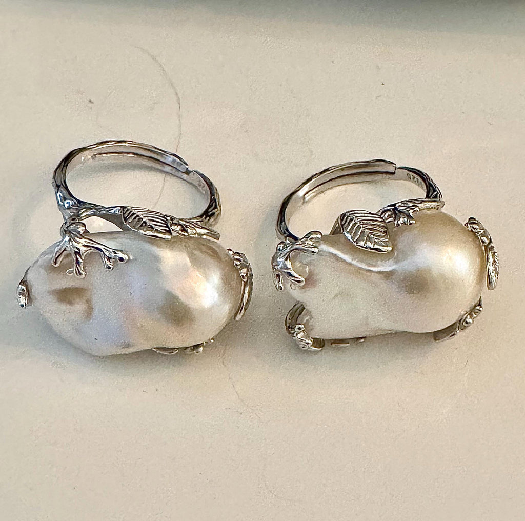Chunky SOLID Engraved Sterling Silver GIANT White Iridescent Flameball Pearl Ring