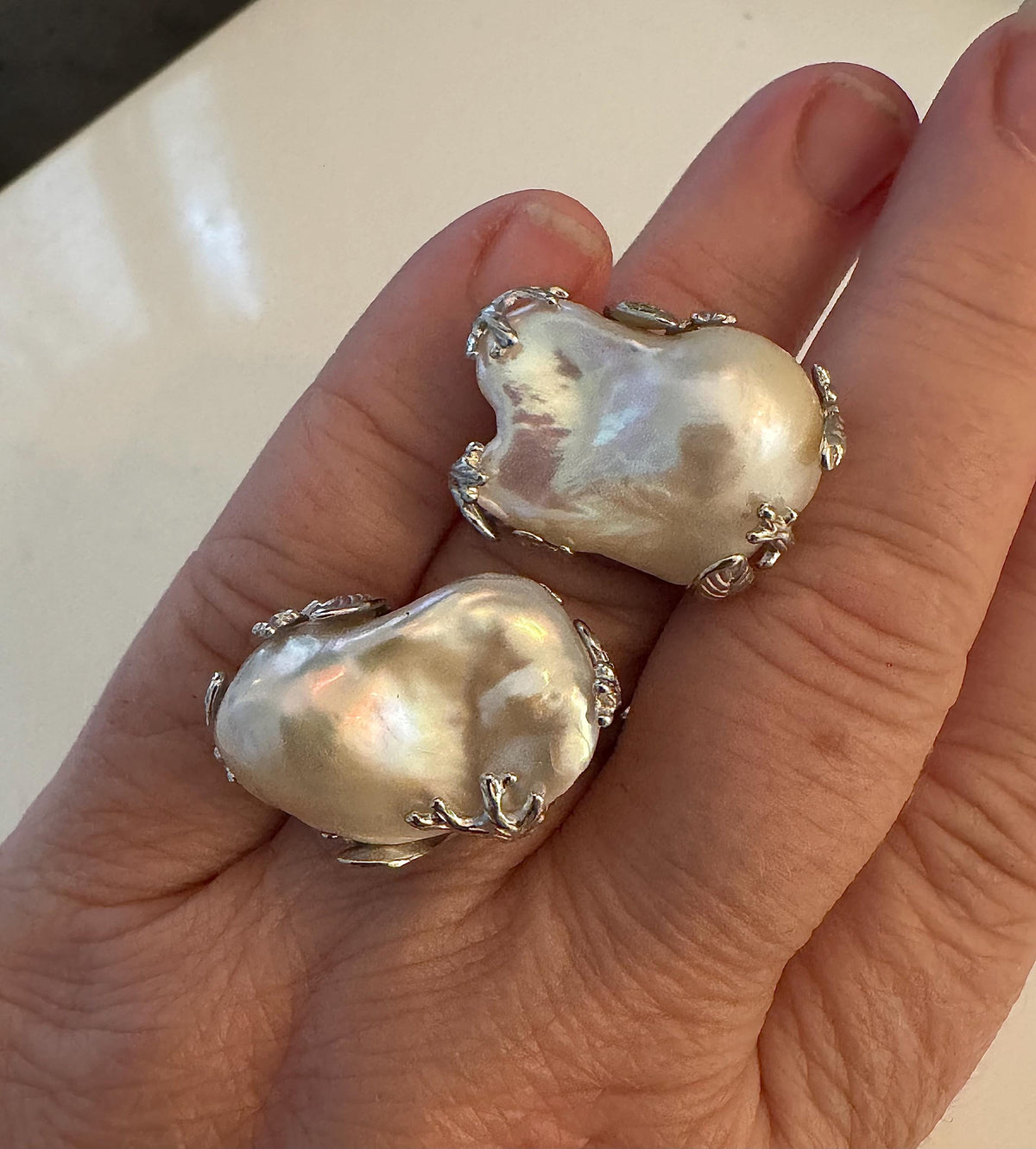 Chunky SOLID Engraved Sterling Silver GIANT White Iridescent Flameball Pearl Ring