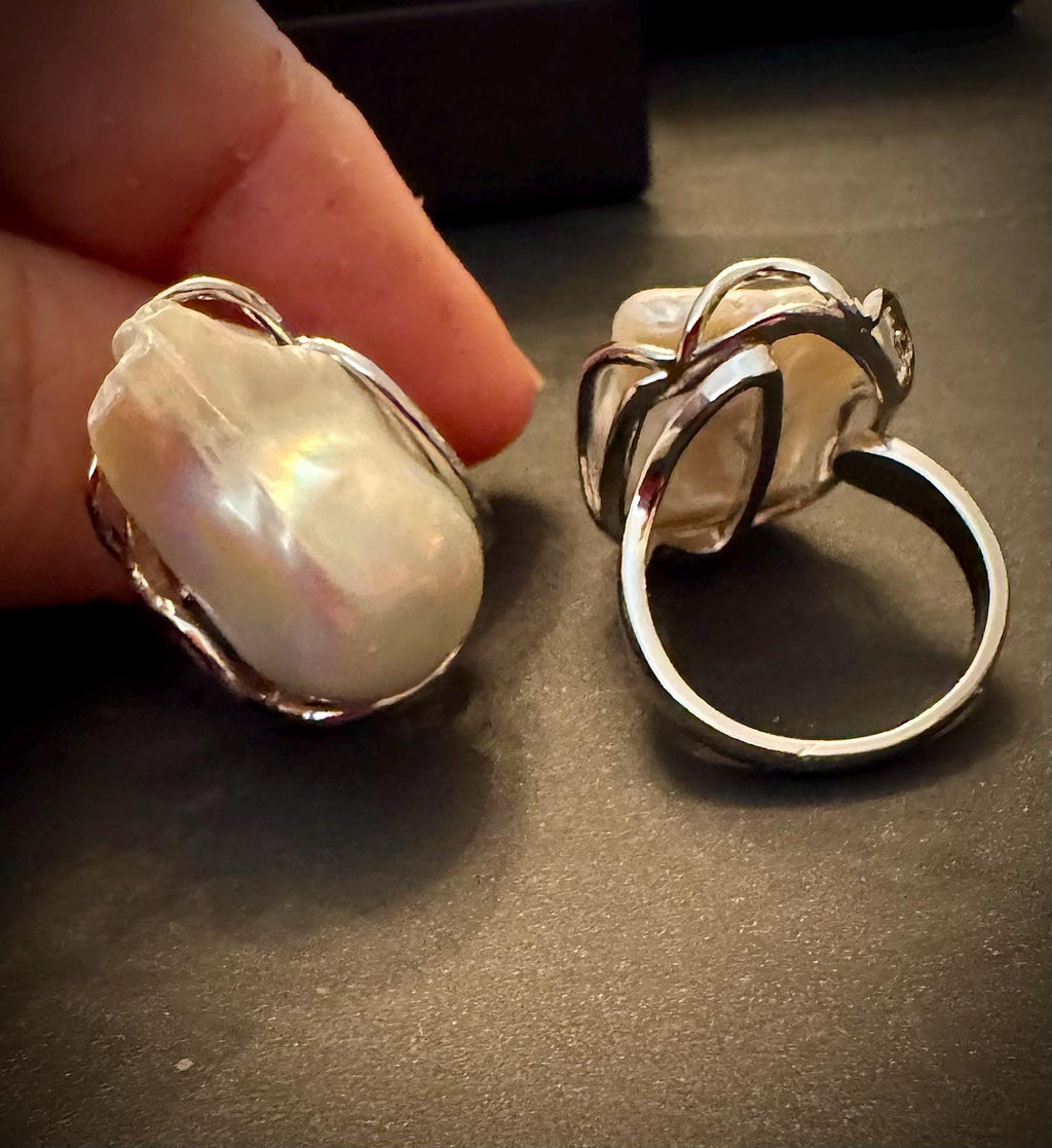 Affordable Giant Iridescent White Flameball Pearl Ring