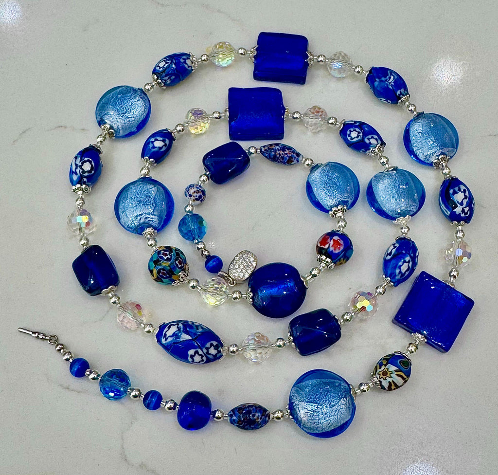 Millefiori Murano Glass Beaded Necklace: Rosario Leonardi Denim Blue, Sterling Silver Clasp