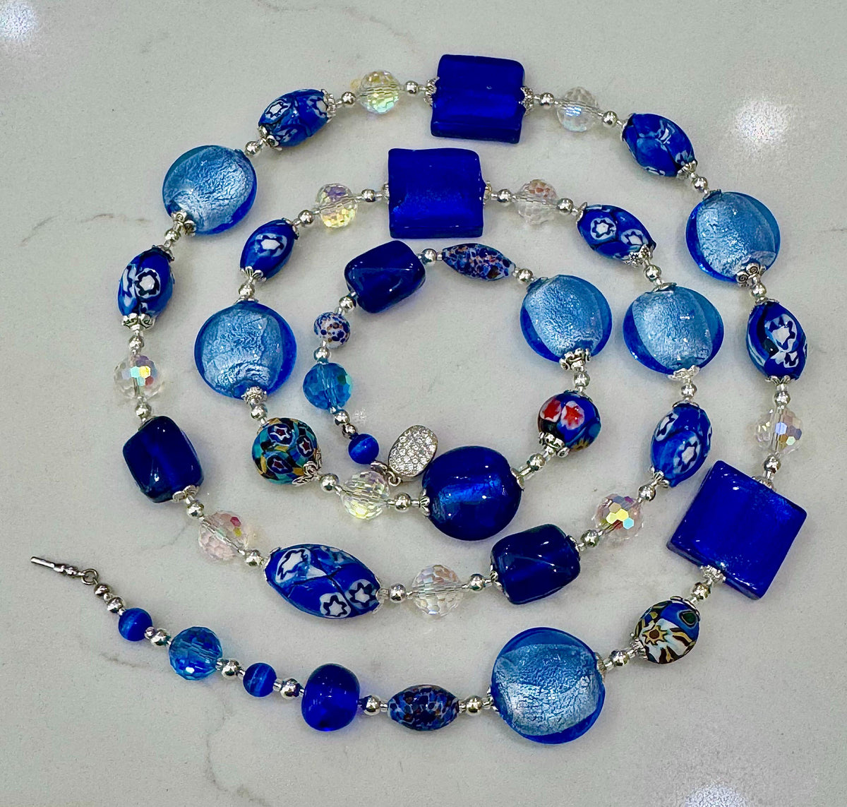 Millefiori Murano Glass Beaded Necklace: Rosario Leonardi Denim Blue, Sterling Silver Clasp