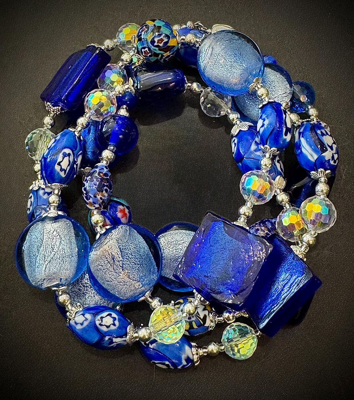 Millefiori Murano Glass Beaded Necklace: Rosario Leonardi Denim Blue, Sterling Silver Clasp