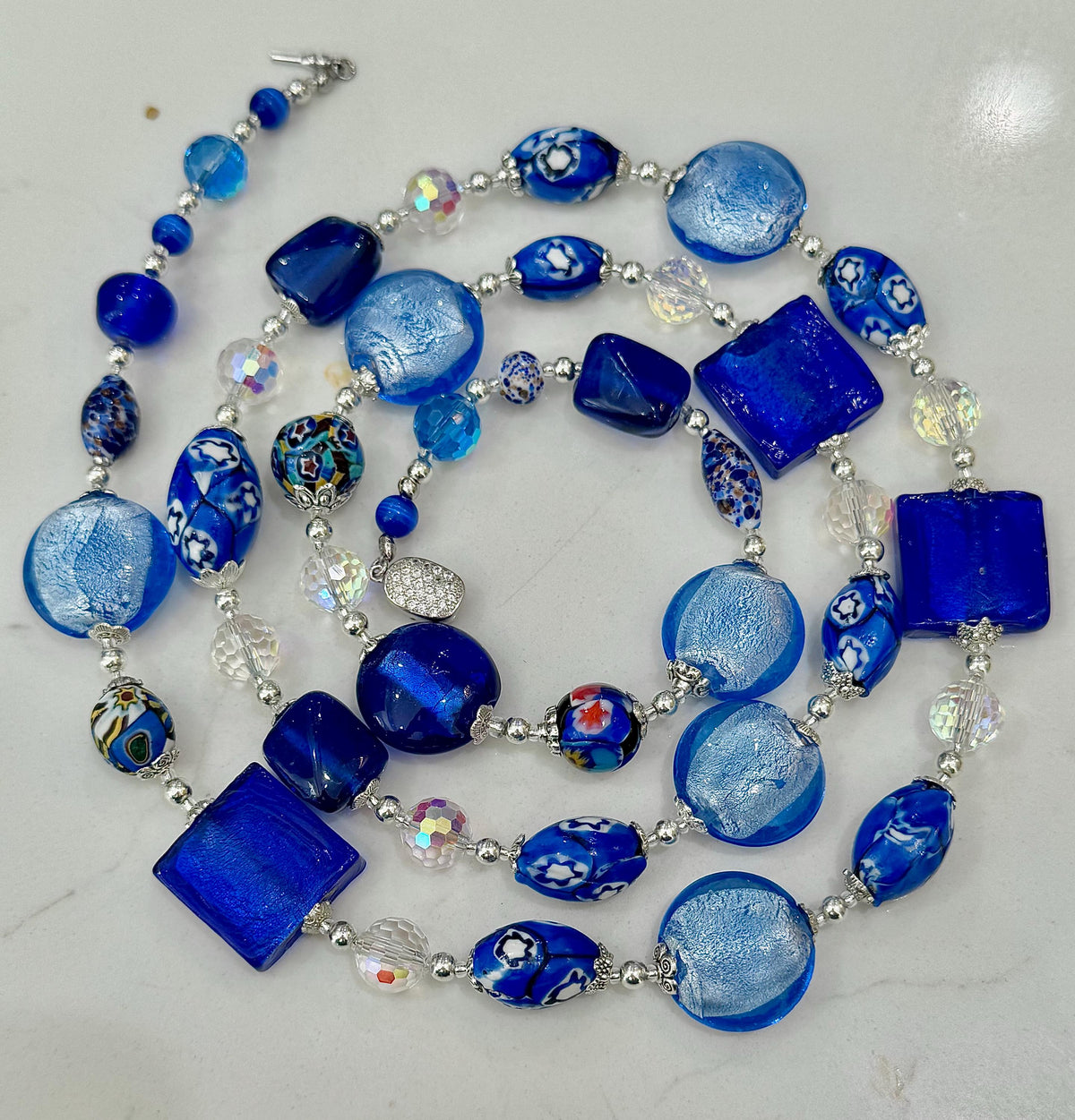 Millefiori Murano Glass Beaded Necklace: Rosario Leonardi Denim Blue, Sterling Silver Clasp