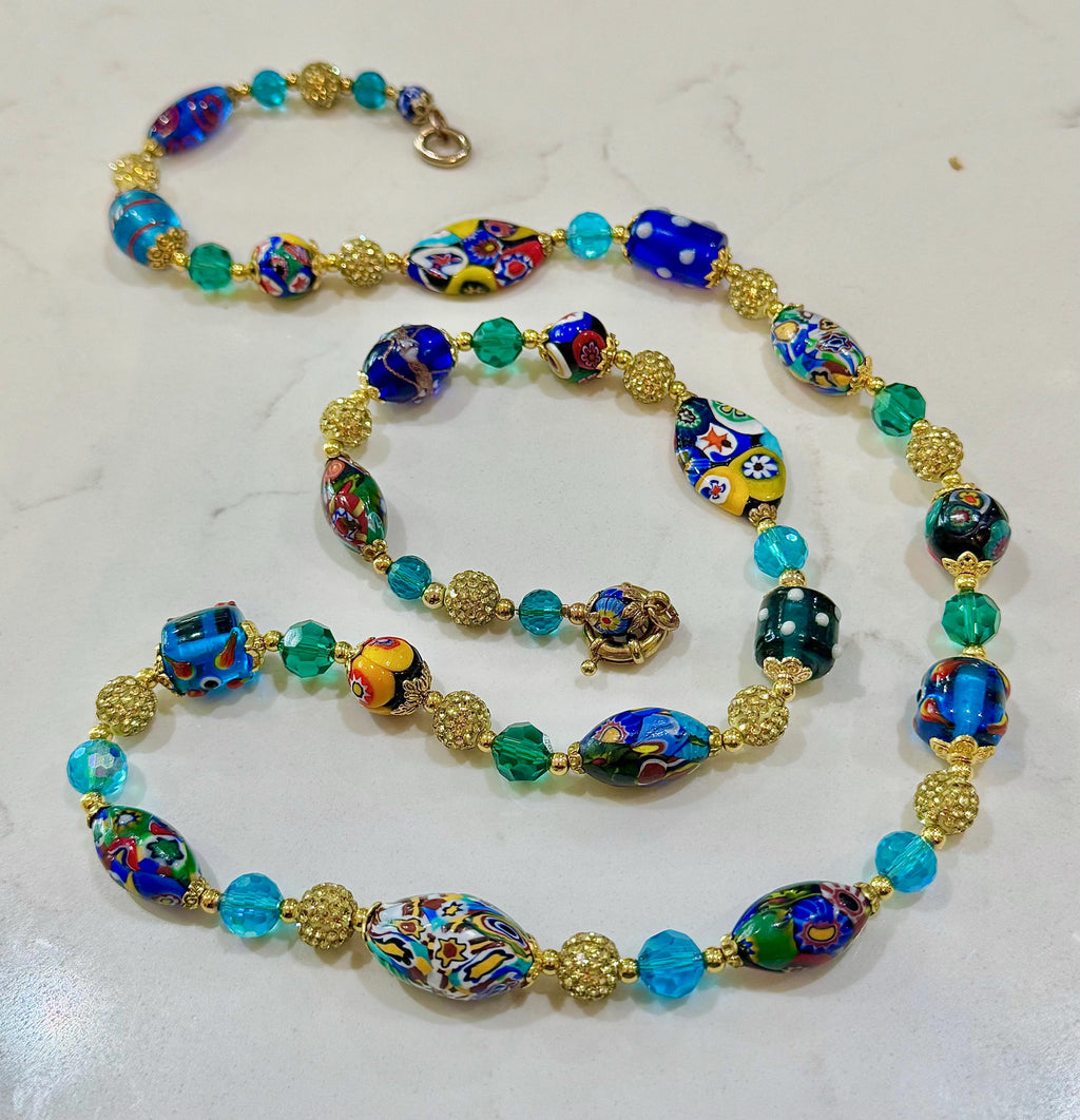 Rosario Leonardi Aqua & Gold, Vintage Murano Millefiori 34” Necklace