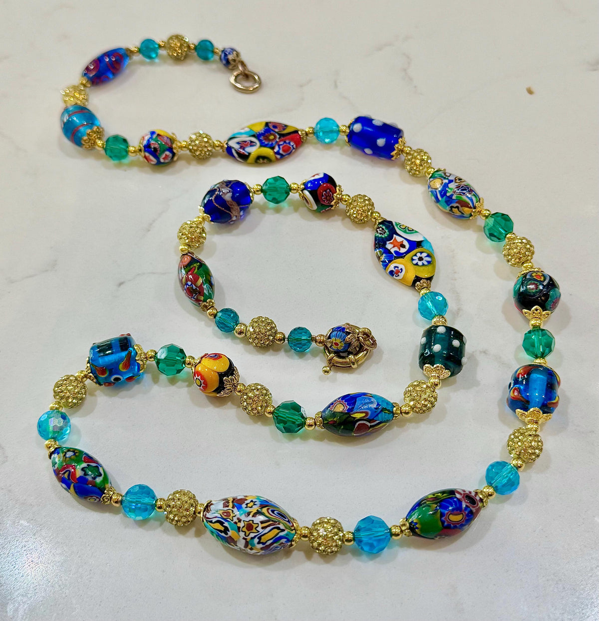 Rosario Leonardi Aqua & Gold, Vintage Murano Millefiori 34” Necklace