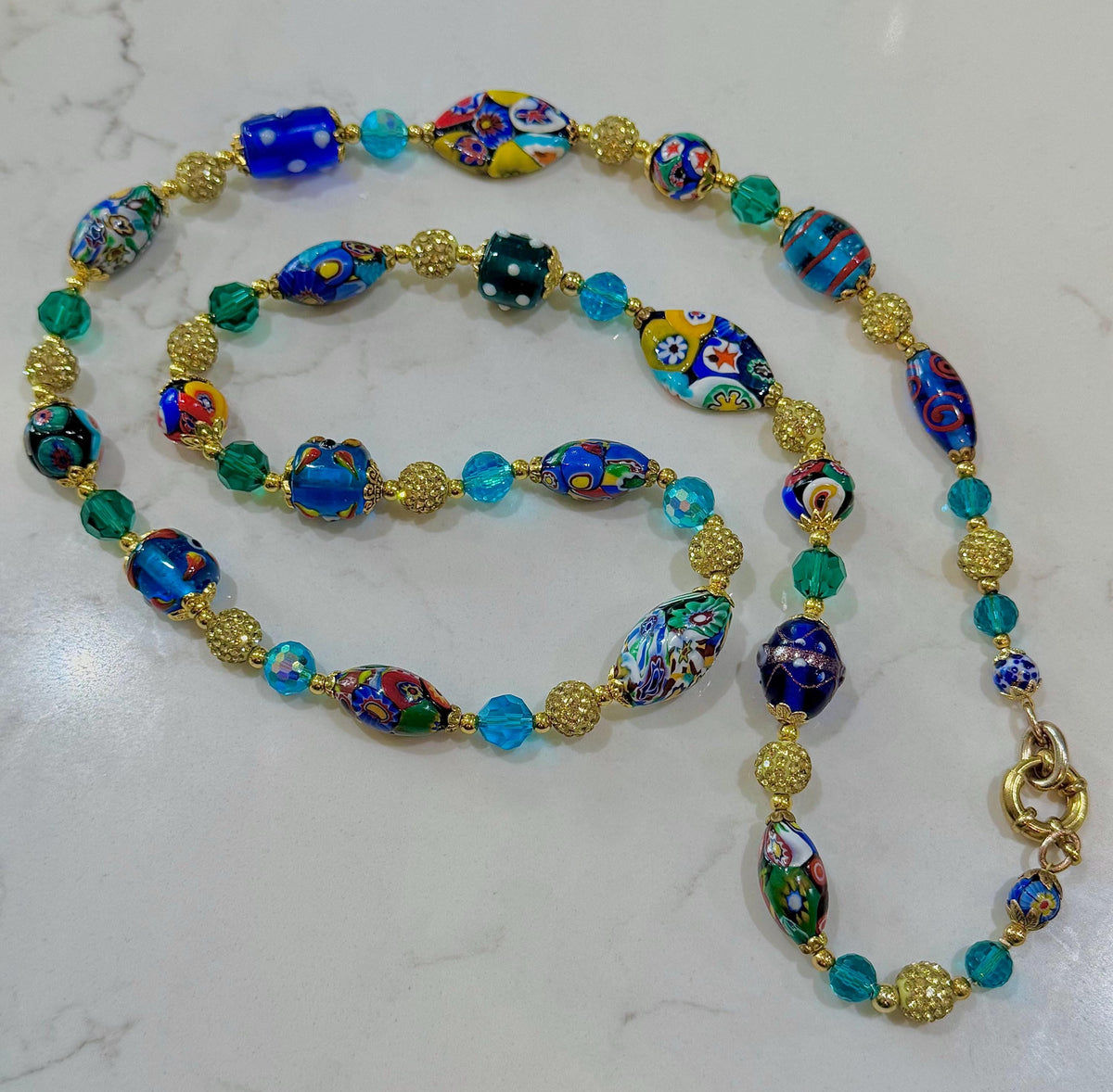 Rosario Leonardi Aqua & Gold, Vintage Murano Millefiori 34” Necklace