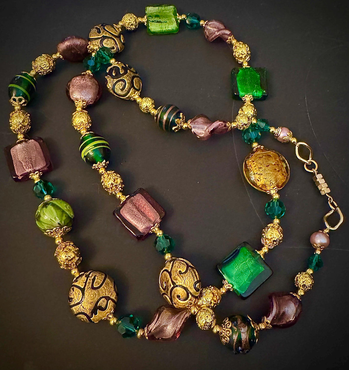 Rosario Leonardi Millefiori Murano Glass Necklace in Purple, Green & Gold