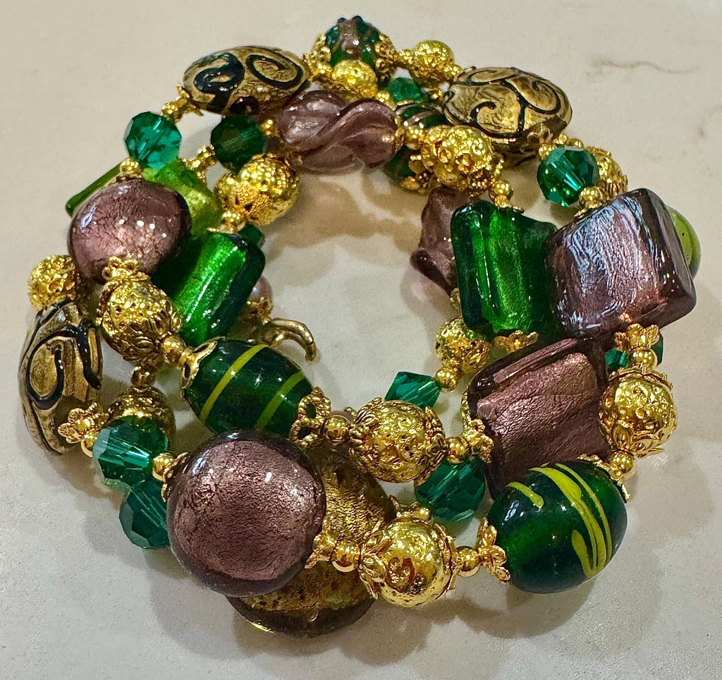 Rosario Leonardi Millefiori Murano Glass Necklace in Purple, Green & Gold