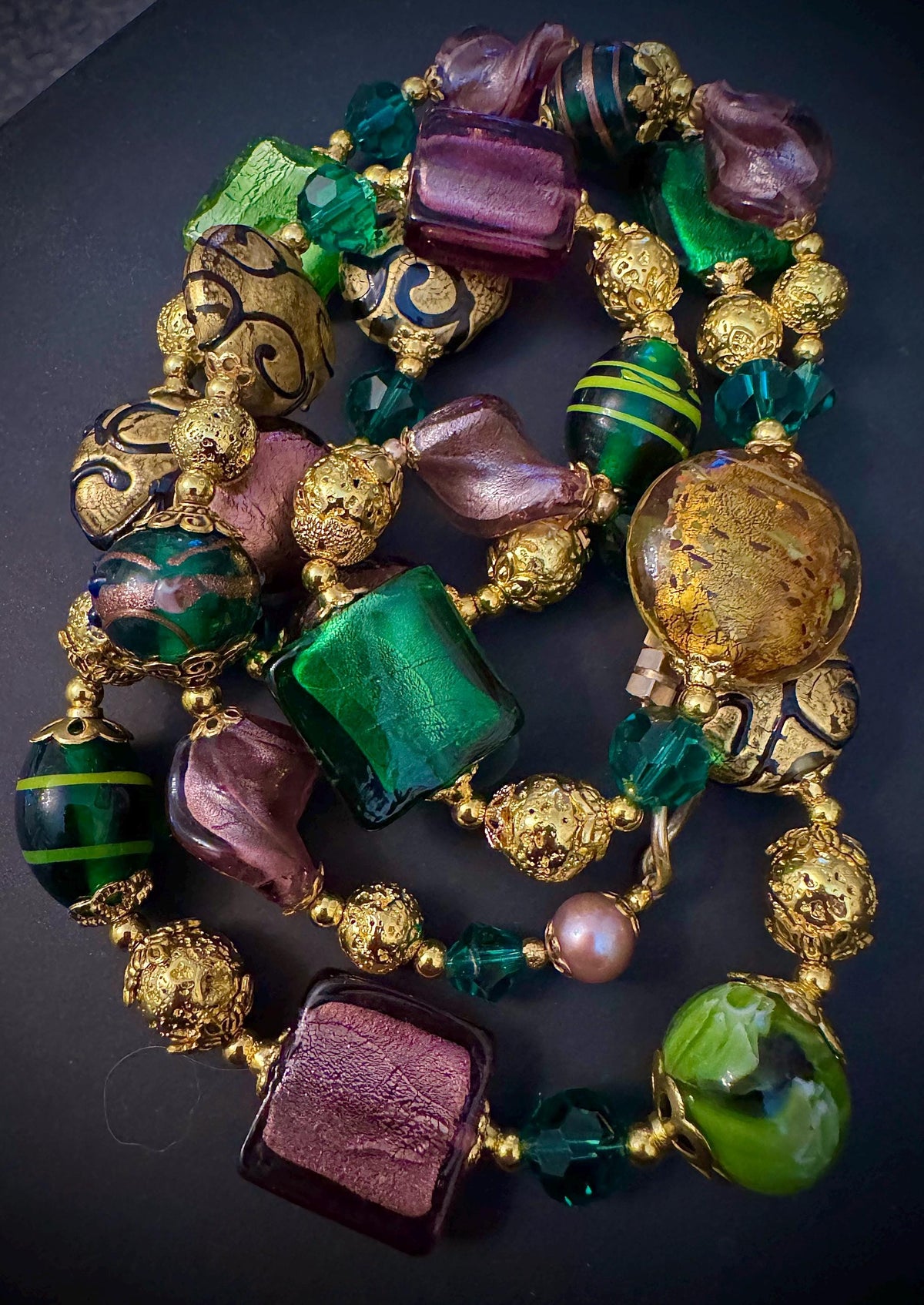 Rosario Leonardi Millefiori Murano Glass Necklace in Purple, Green & Gold