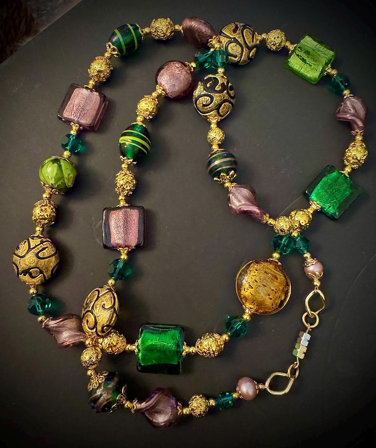 Rosario Leonardi Millefiori Murano Glass Necklace in Purple, Green & Gold