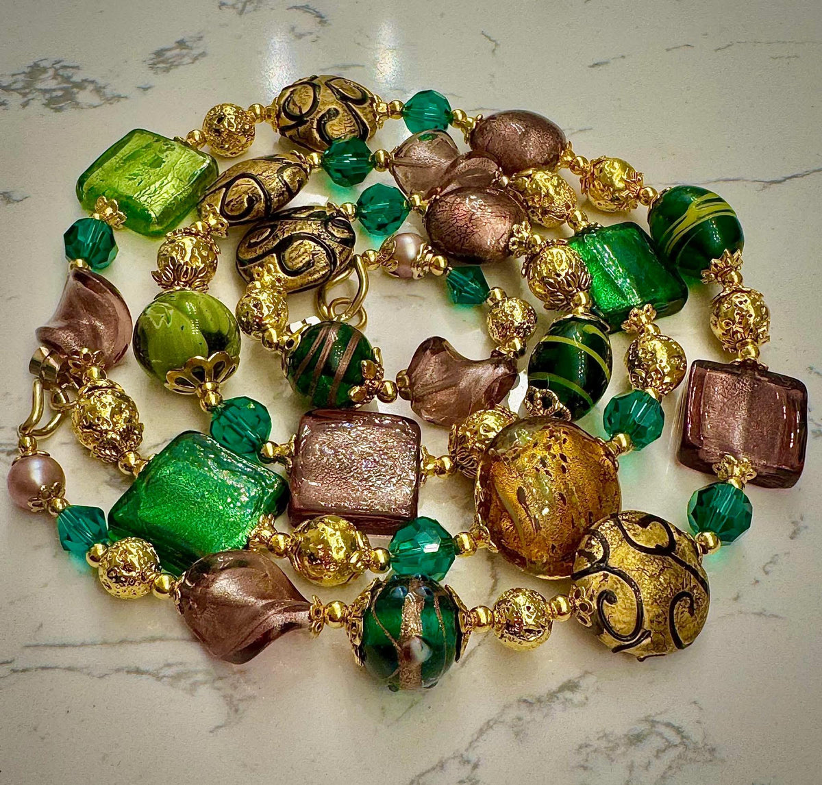 Rosario Leonardi Millefiori Murano Glass Necklace in Purple, Green & Gold