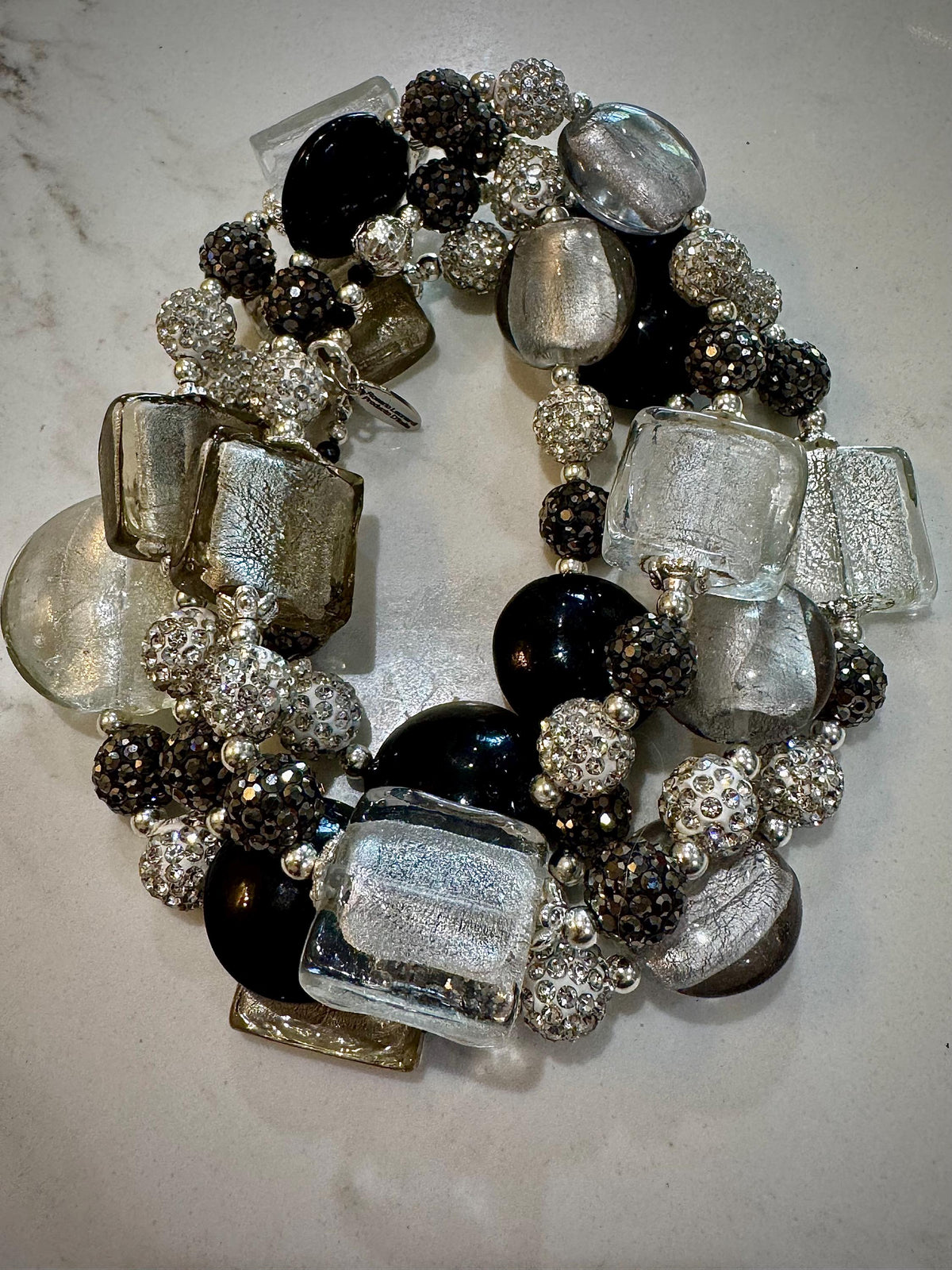 Rosario Leonardi Black, Silver, and Clear Murano Glass Necklace