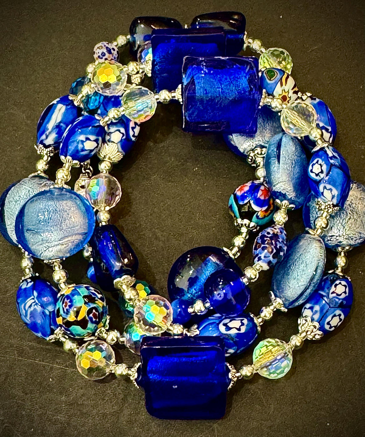 Millefiori Murano Glass Beaded Necklace: Rosario Leonardi Denim Blue, Sterling Silver Clasp