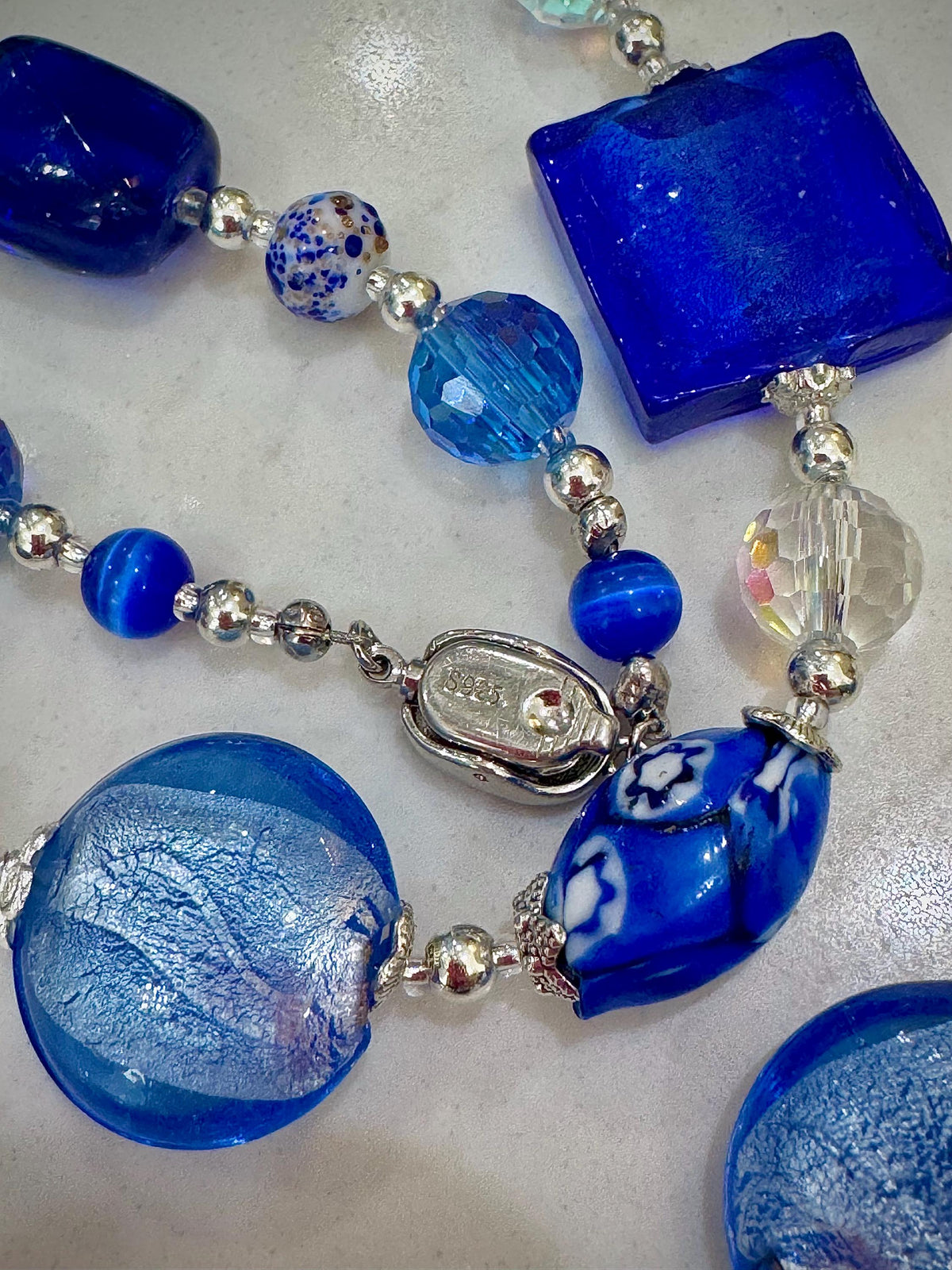 Millefiori Murano Glass Beaded Necklace: Rosario Leonardi Denim Blue, Sterling Silver Clasp