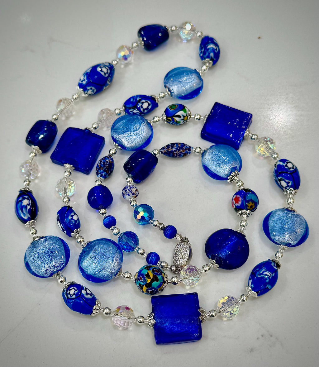 Millefiori Murano Glass Beaded Necklace: Rosario Leonardi Denim Blue, Sterling Silver Clasp