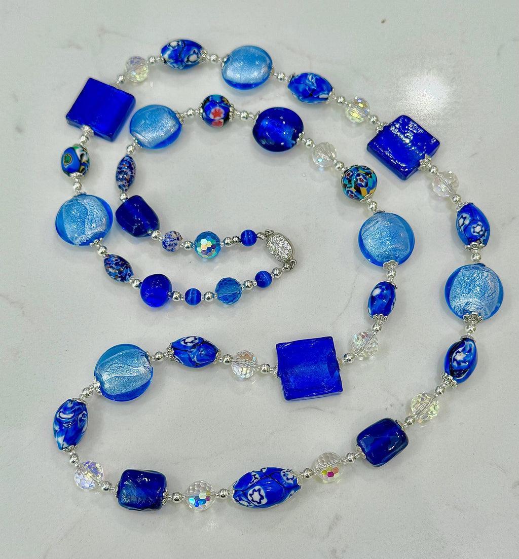 Millefiori Murano Glass Beaded Necklace: Rosario Leonardi Denim Blue, Sterling Silver Clasp