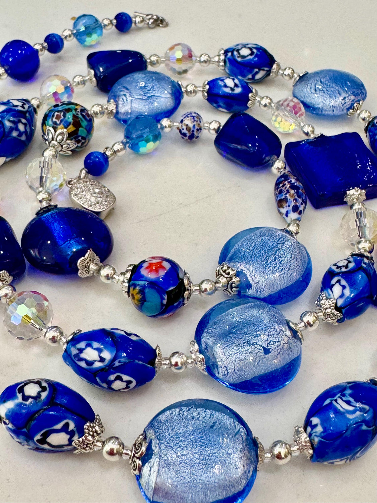 Millefiori Murano Glass Beaded Necklace: Rosario Leonardi Denim Blue, Sterling Silver Clasp
