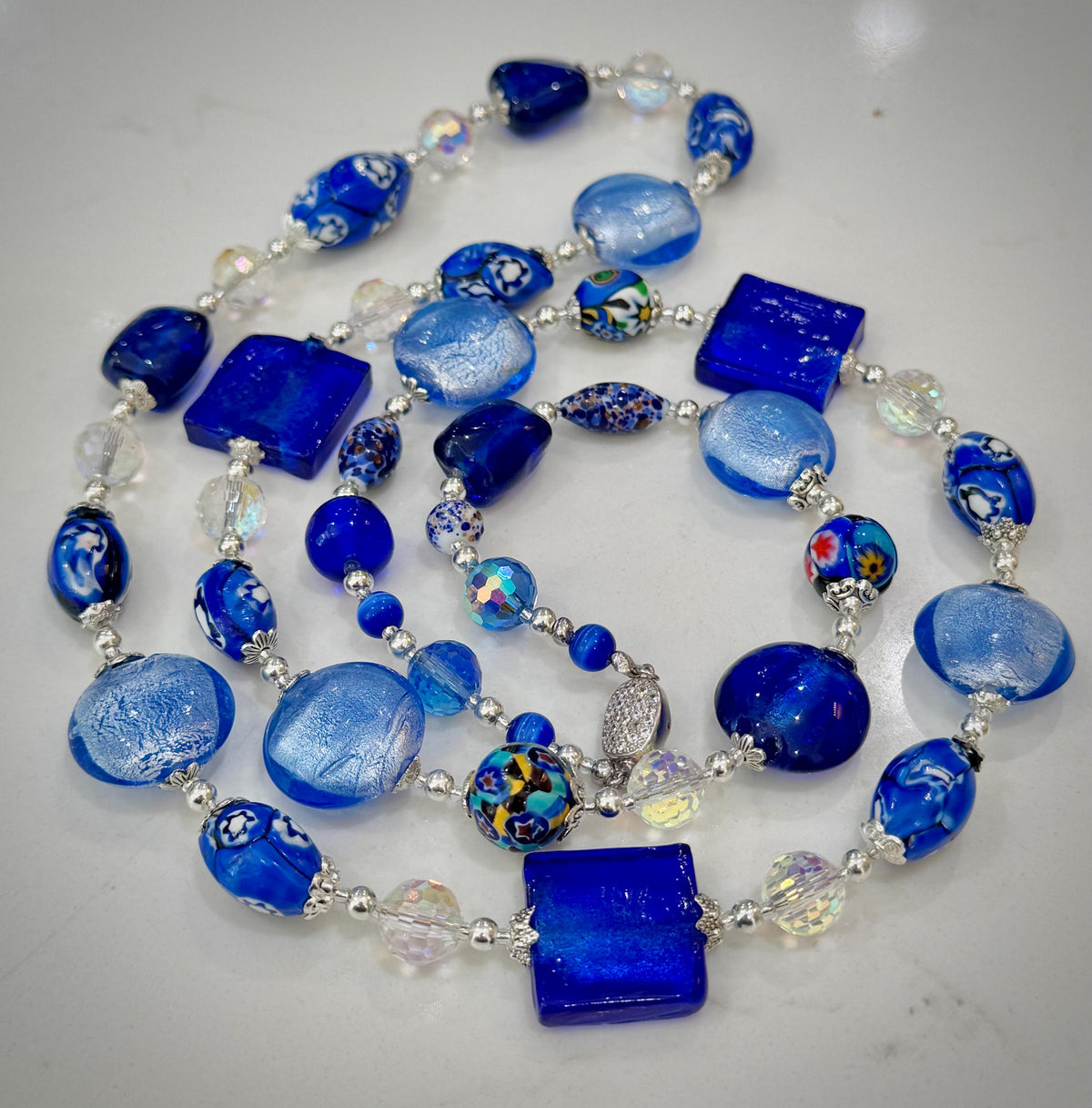 Millefiori Murano Glass Beaded Necklace: Rosario Leonardi Denim Blue, Sterling Silver Clasp
