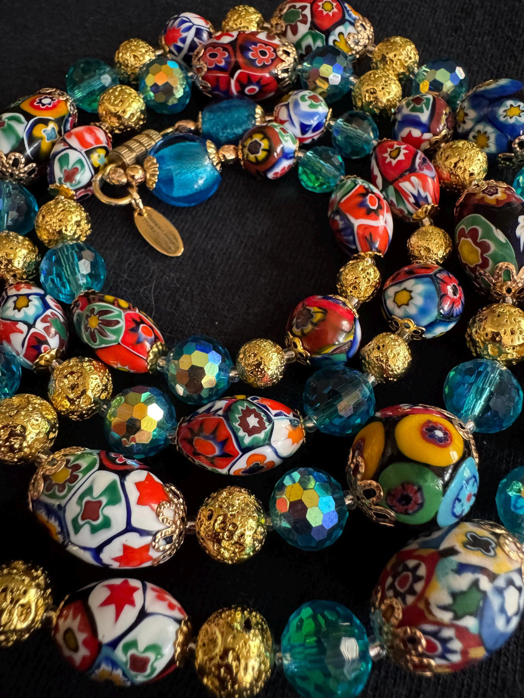 Millefiori Murano Glass Necklace: Ercole Moretti Vintage Beads, Aqua Swarovski Crystals