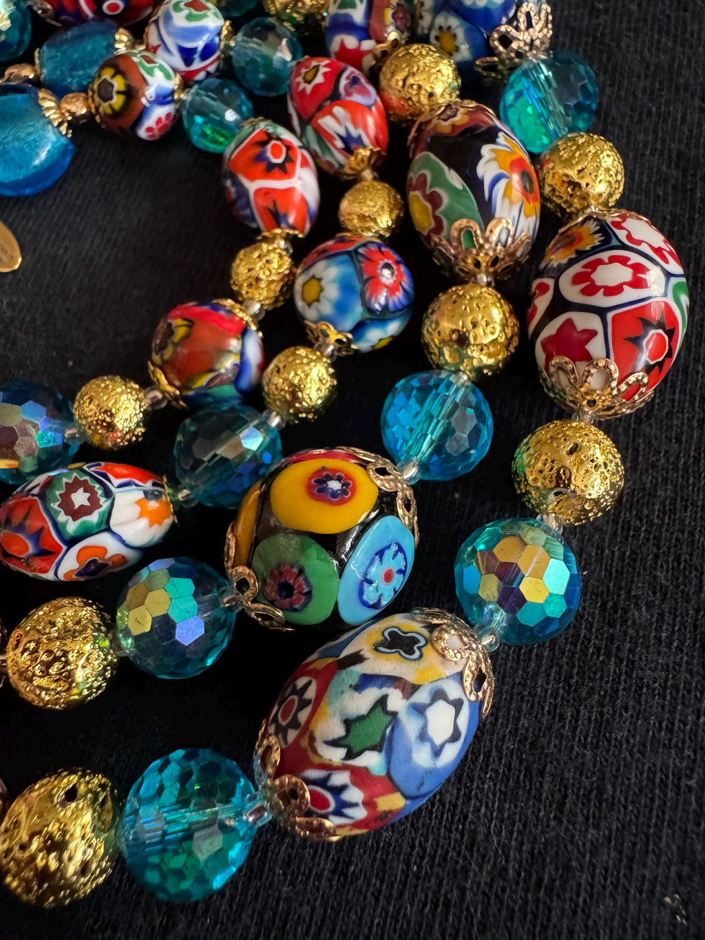 Millefiori Murano Glass Necklace: Ercole Moretti Vintage Beads, Aqua Swarovski Crystals