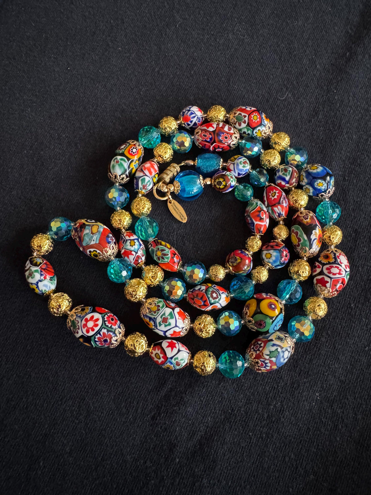 Millefiori Murano Glass Necklace: Ercole Moretti Vintage Beads, Aqua Swarovski Crystals