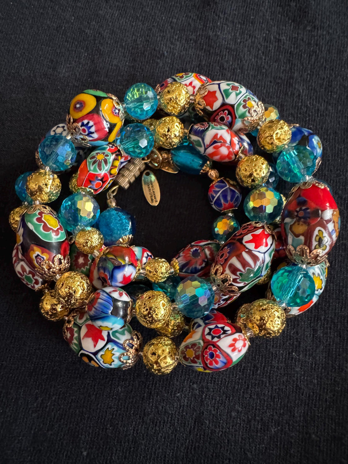 Millefiori Murano Glass Necklace: Ercole Moretti Vintage Beads, Aqua Swarovski Crystals