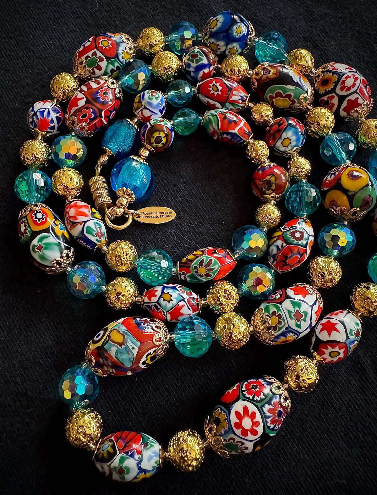 Millefiori Murano Glass Necklace: Ercole Moretti Vintage Beads, Aqua Swarovski Crystals