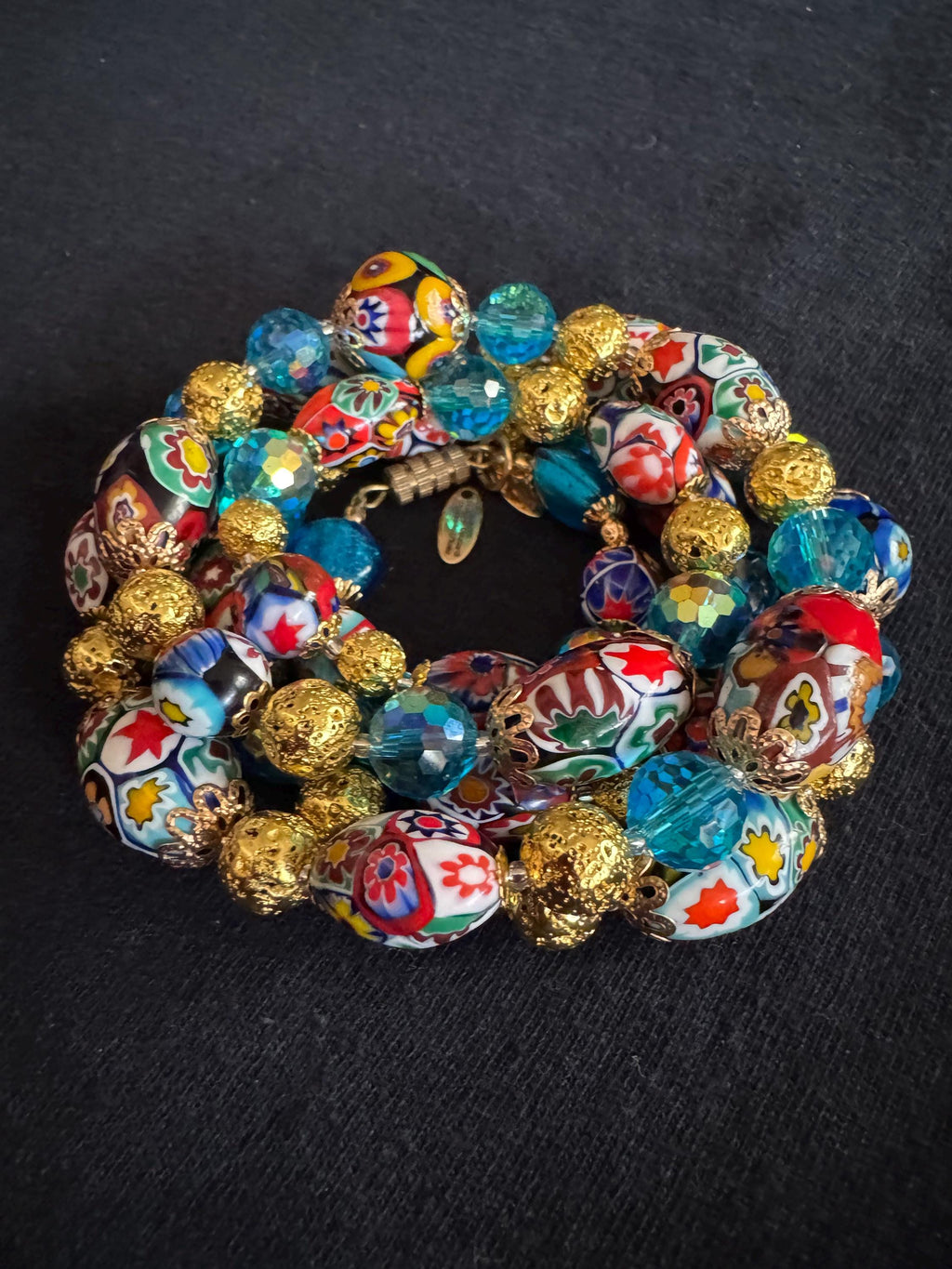 Millefiori Murano Glass Necklace: Ercole Moretti Vintage Beads, Aqua Swarovski Crystals