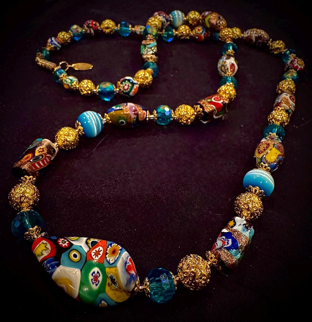 Rosario Leonardi Millefiori Murano Italian Necklace Featuring Aventurine Millefiori Glass Beads