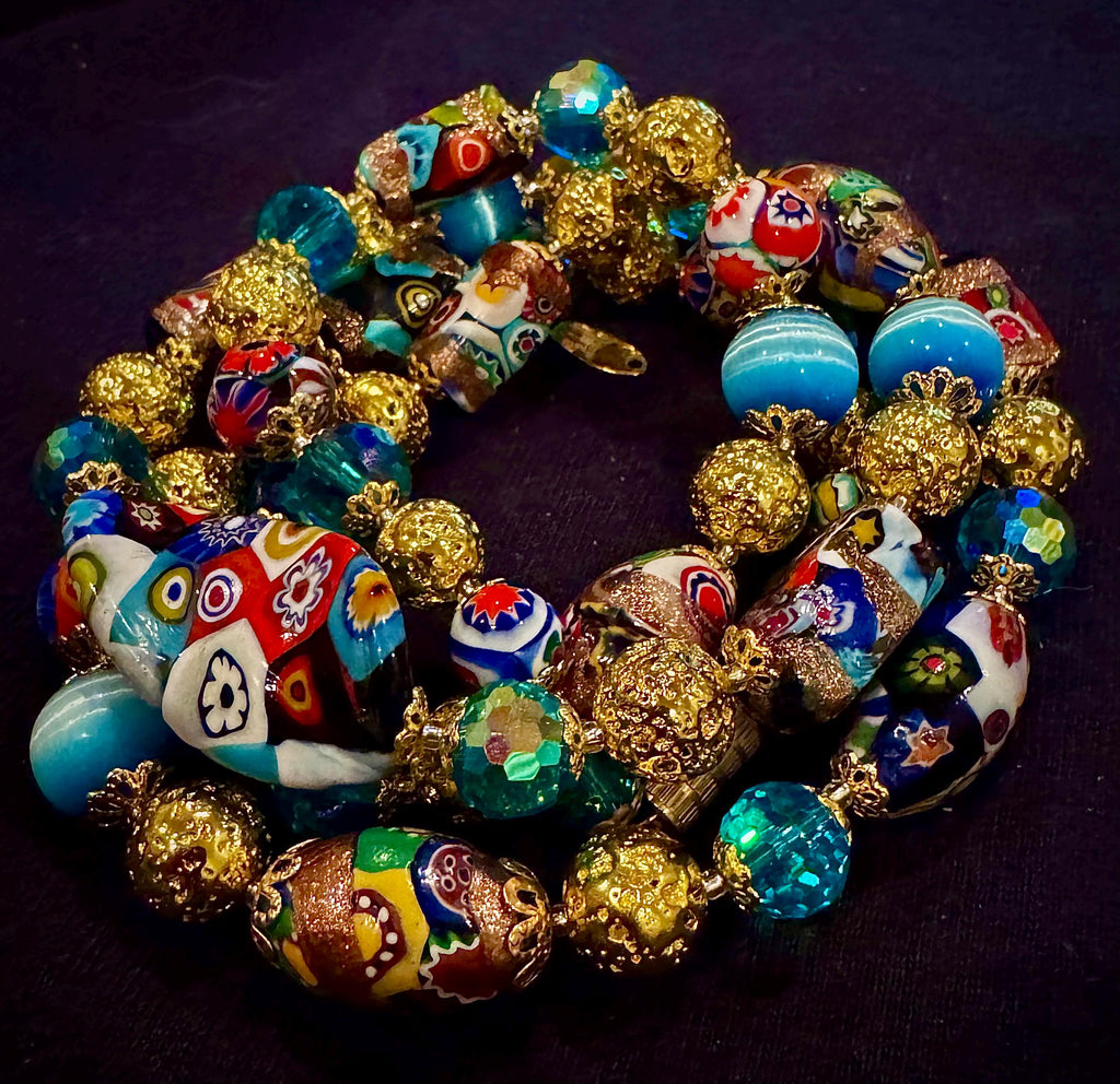 Rosario Leonardi Millefiori Murano Italian Necklace Featuring Aventurine Millefiori Glass Beads