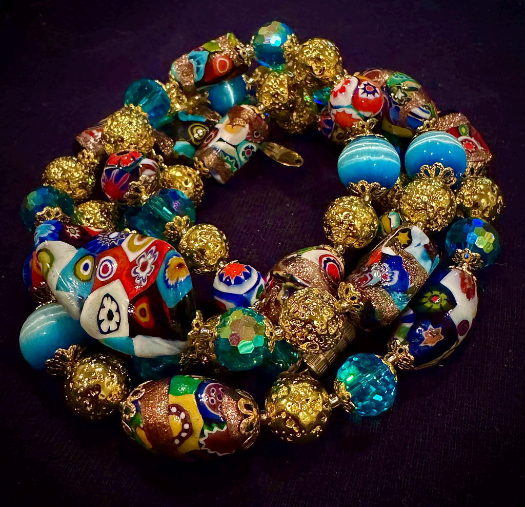Rosario Leonardi Millefiori Murano Italian Necklace Featuring Aventurine Millefiori Glass Beads