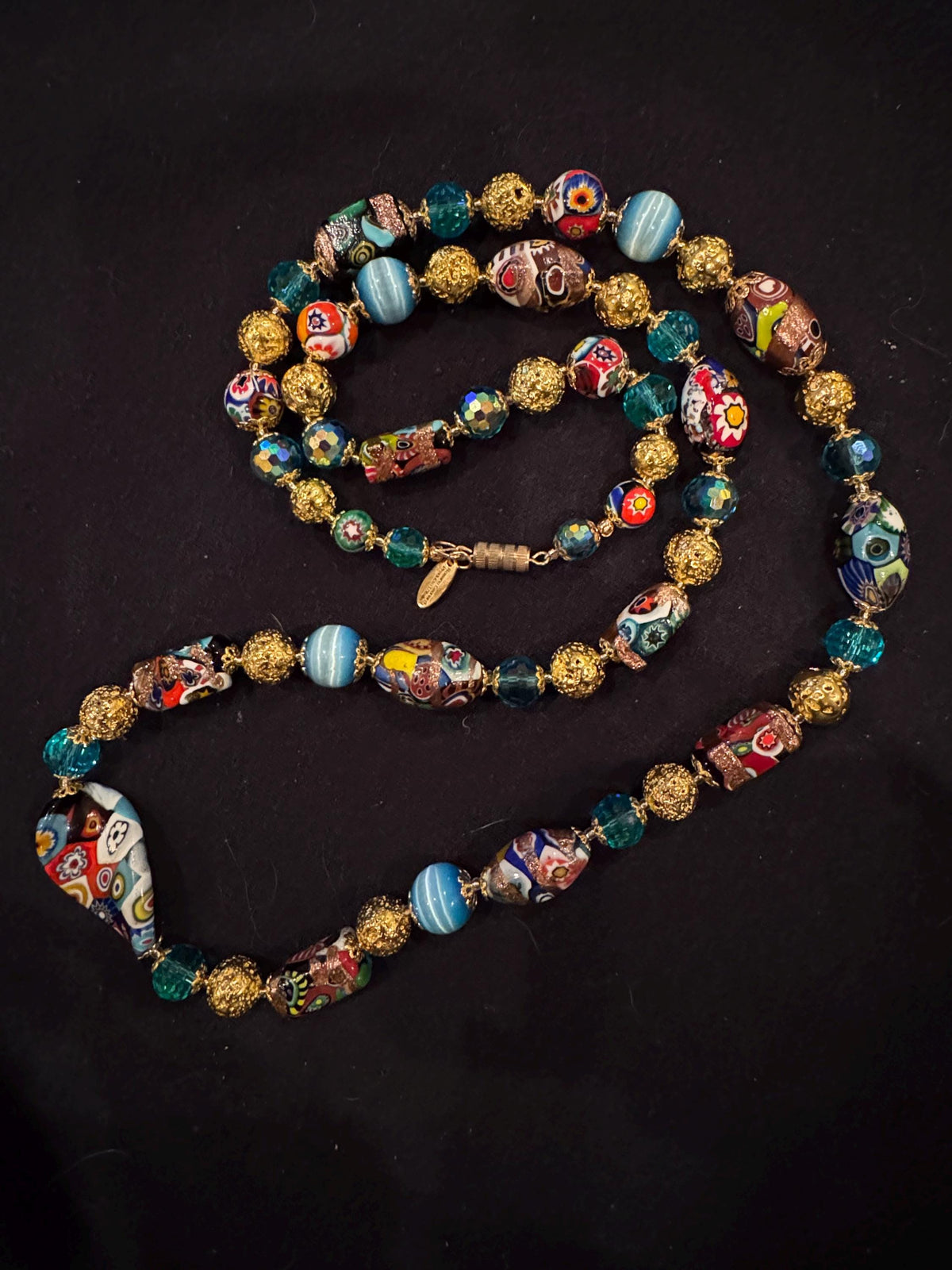 Rosario Leonardi Millefiori Murano Italian Necklace Featuring Aventurine Millefiori Glass Beads