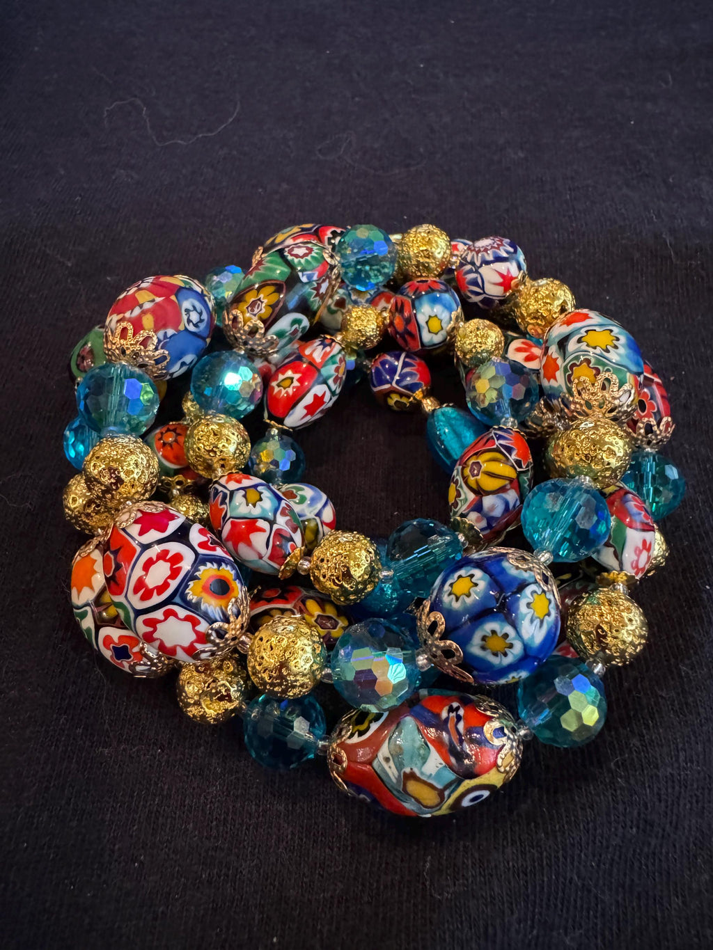 Vintage Murano Millefiori Glass Necklace: Ercole Moretti Beads, Aqua Rosario Leonardi