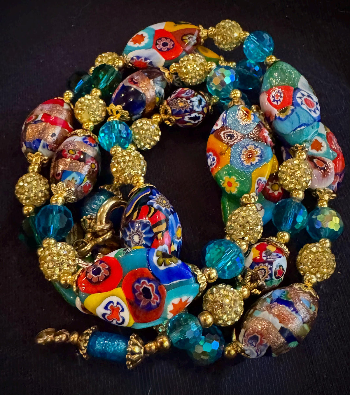 Rosario Leonardi Aqua Vintage Flat Oval “Snowshoe Millefiori” Beaded 34” Necklace